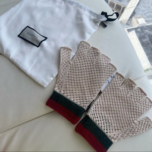 NEW GUCCI GLOVES CROCHET Fingerless Web Red Green - Picture 3 of 8